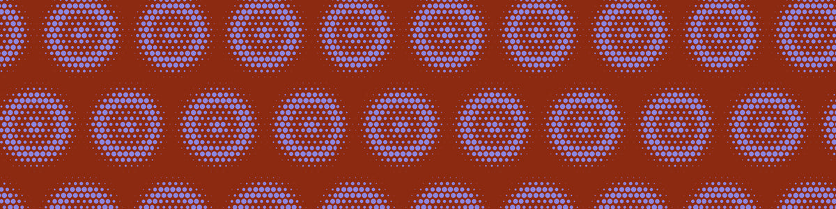 A repeating geometric pattern of purple circular medallions on a warm rust-red background.