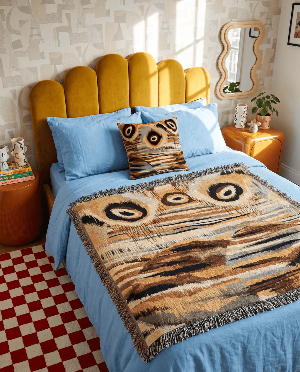 A styled bedroom scene showing a bed made up with light blue bedding, a mustard yellow scalloped headboard, a patterned throw blanket with fringe, and a matching decorative pillow. The room includes patterned wallpaper, a mirror, side tables, and a red-and-white checkered floor.