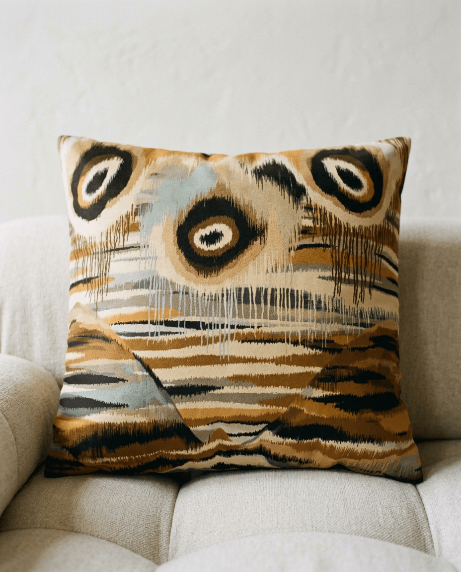 A square throw pillow with an abstract tiger-stripe and owl-eye pattern in brown, beige, black, and light blue, resting on a light beige fabric sofa.