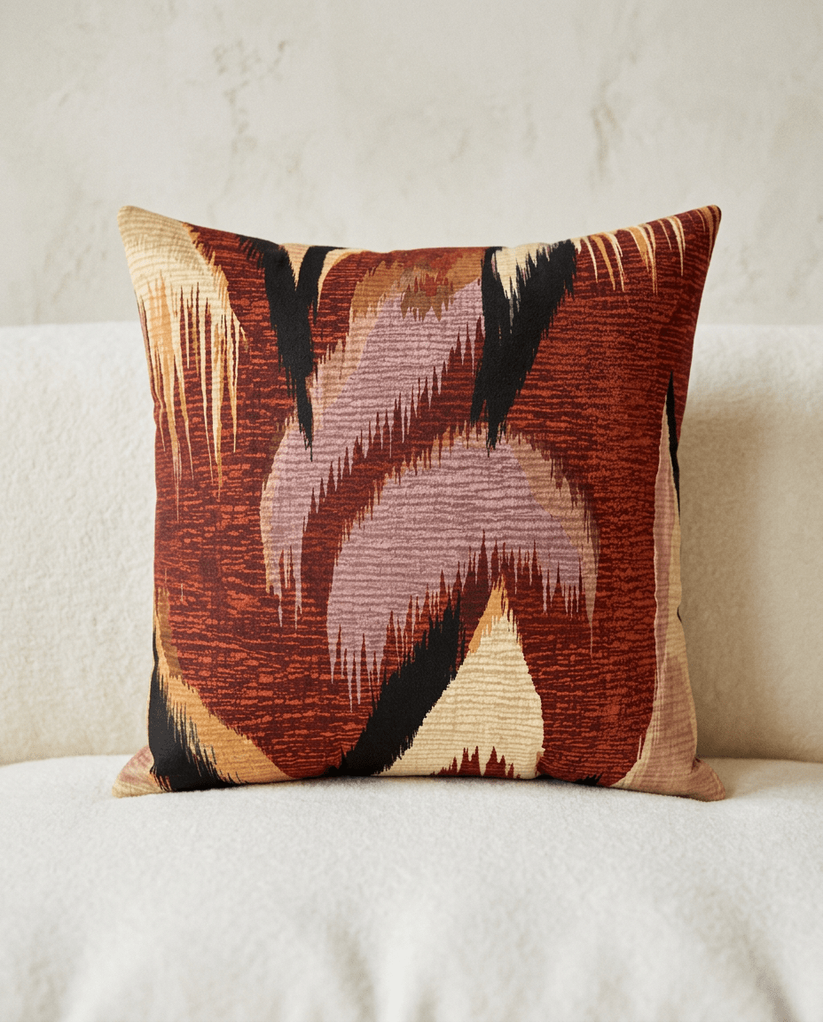 A square decorative throw pillow with an abstract ikat-style pattern in rust red, dusty pink, beige, and black, resting on a textured white sofa against a neutral wall.