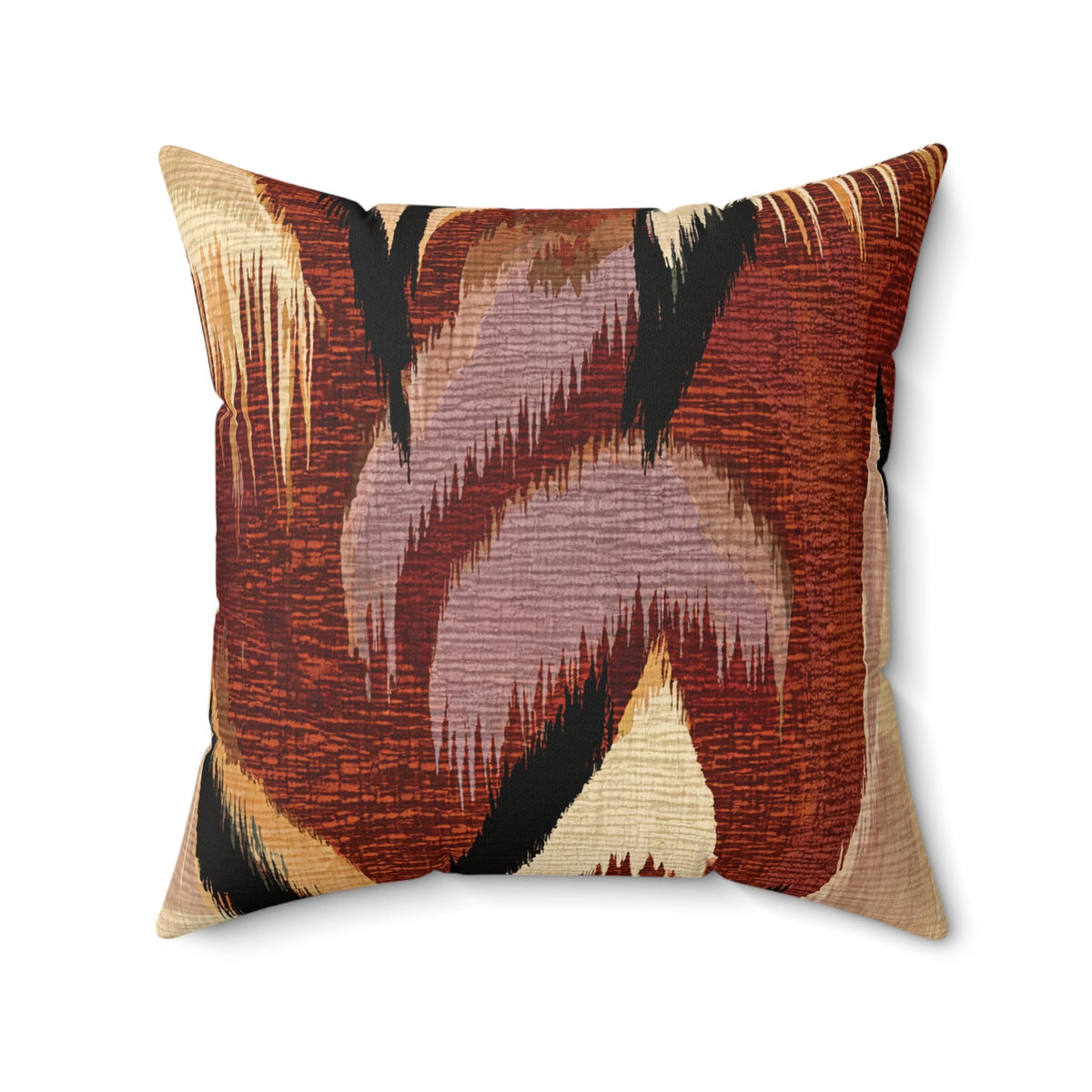 A square throw pillow featuring an abstract, textured ikat-style pattern in rust red, dusty mauve, beige, and black on a white background.