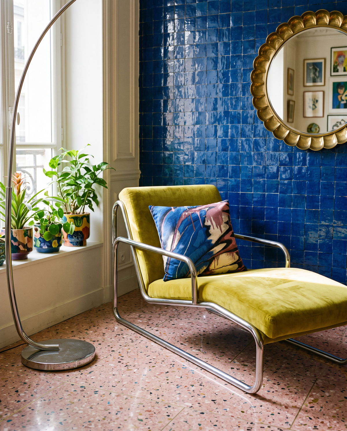 A modern yellow velvet lounge chair with a chrome frame sits in a room with a glossy blue tiled wall, terrazzo floor, a gold-framed mirror, and a potted plant by a window.