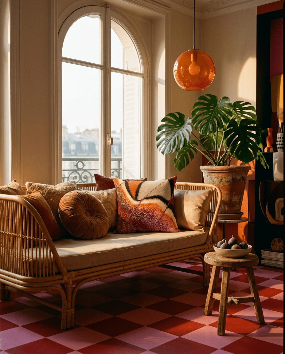 A warm, sunlit interior scene featuring a rattan daybed with textured throw pillows, a large potted monstera plant, an amber glass pendant light, and a red-and-white checkered floor.