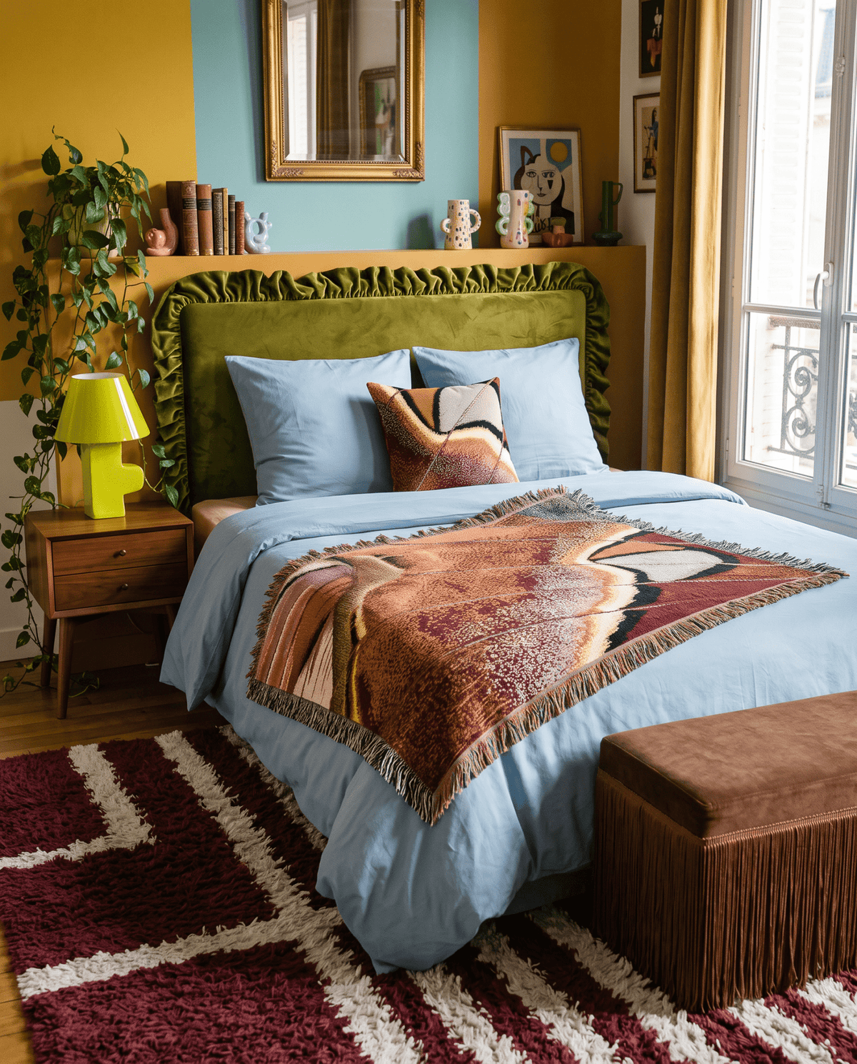 A styled bedroom scene featuring a bed dressed in light blue bedding with a multicolor animal-print throw blanket, set against mustard yellow and teal walls with a green headboard.