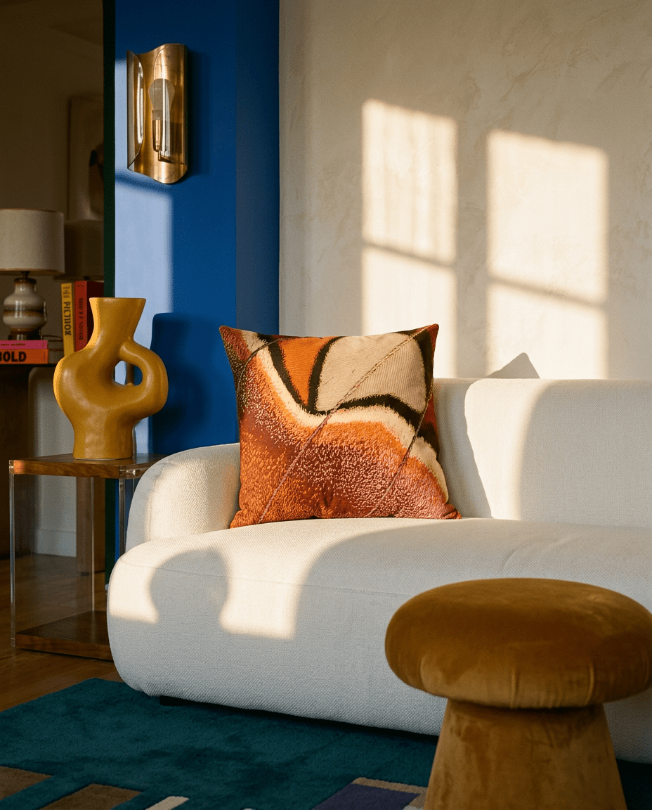 A square throw pillow with an abstract orange, brown, and cream pattern rests on a white sofa in a sunlit living room with a blue accent wall and a yellow vase on a side table.