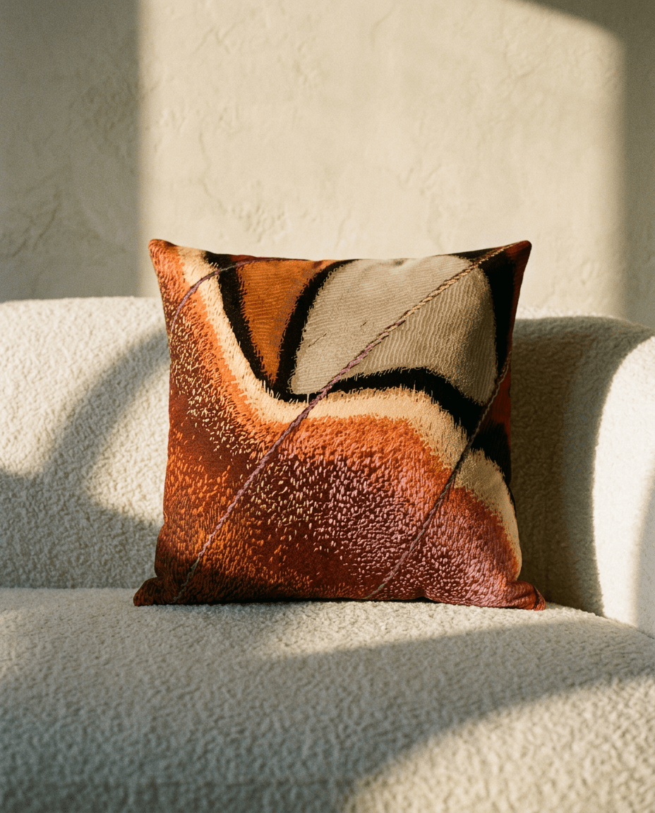 A square decorative throw pillow with an abstract textured pattern in rust orange, brown, cream, and black, resting on a textured cream boucle sofa in warm natural sunlight.
