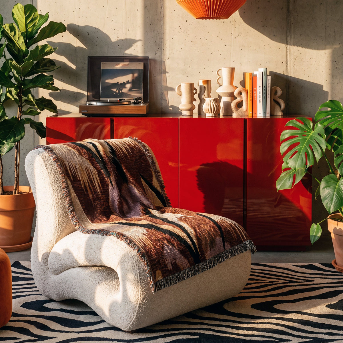 A cream bouclé lounge chair draped with a brown and beige patterned throw blanket, set in a styled room with a glossy red sideboard, plants, and warm sunlight.