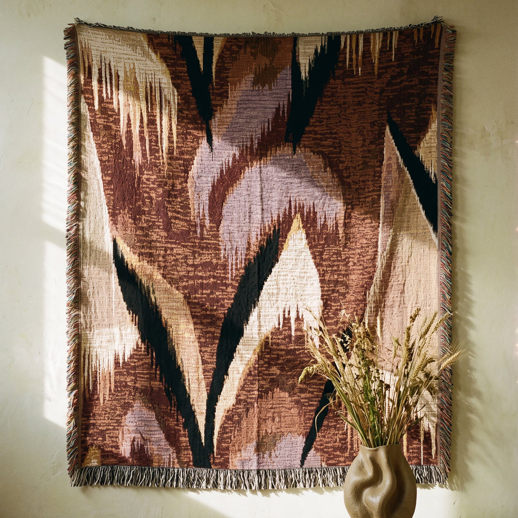 A woven wall tapestry with a bohemian ikat-inspired pattern in brown, beige, black, and muted purple, hanging on a textured off-white wall with a vase of dried grass in the foreground.