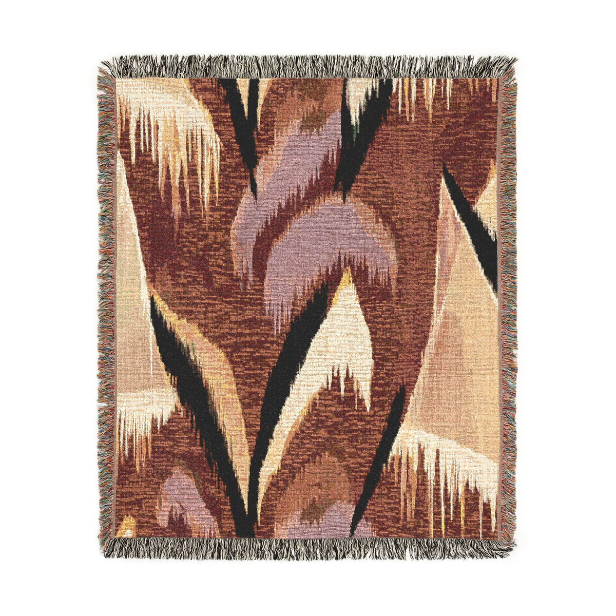 A square woven throw blanket with a geometric ikat pattern in brown, beige, black, and muted purple, finished with fringed edges.