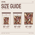 A size guide infographic for an Oddcoil woven throw blanket, showing three different bed configurations (queen, sofa, and reading chair) with corresponding dimensions (52" x 37", 60" x 50", and 60" x 80") on a beige background.