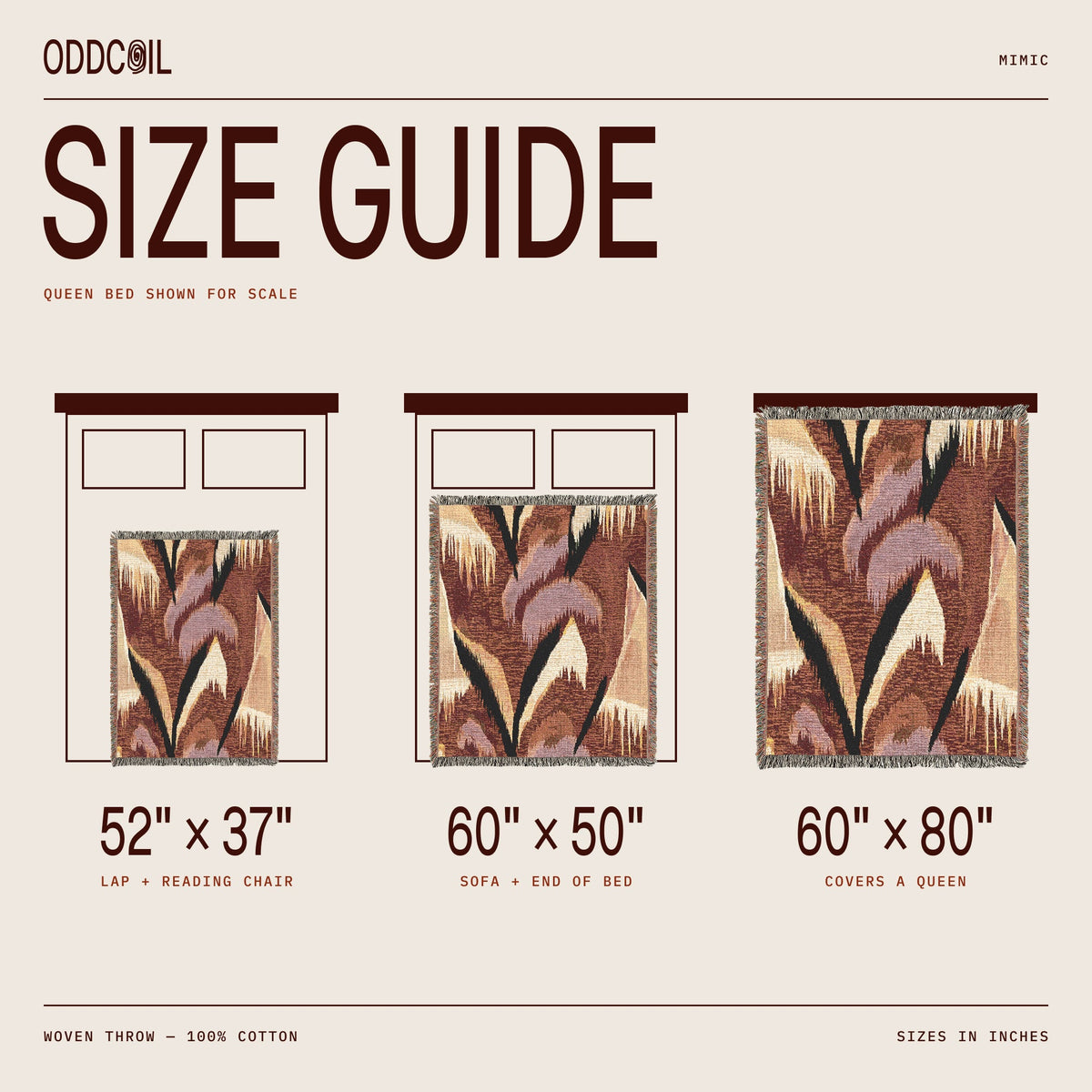 A size guide infographic for an Oddcoil woven throw blanket, showing three different bed configurations (queen, sofa, and reading chair) with corresponding dimensions (52" x 37", 60" x 50", and 60" x 80") on a beige background.