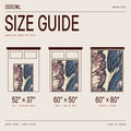 A size guide infographic for the Oddcoil Morpho Drip woven throw blanket, showing three different bed configurations (Lap + Reading Chair, Sofa + End of Bed, and Covers a Queen) with corresponding dimensions (52" x 37", 60" x 50", and 60" x 80") on a beige background.
