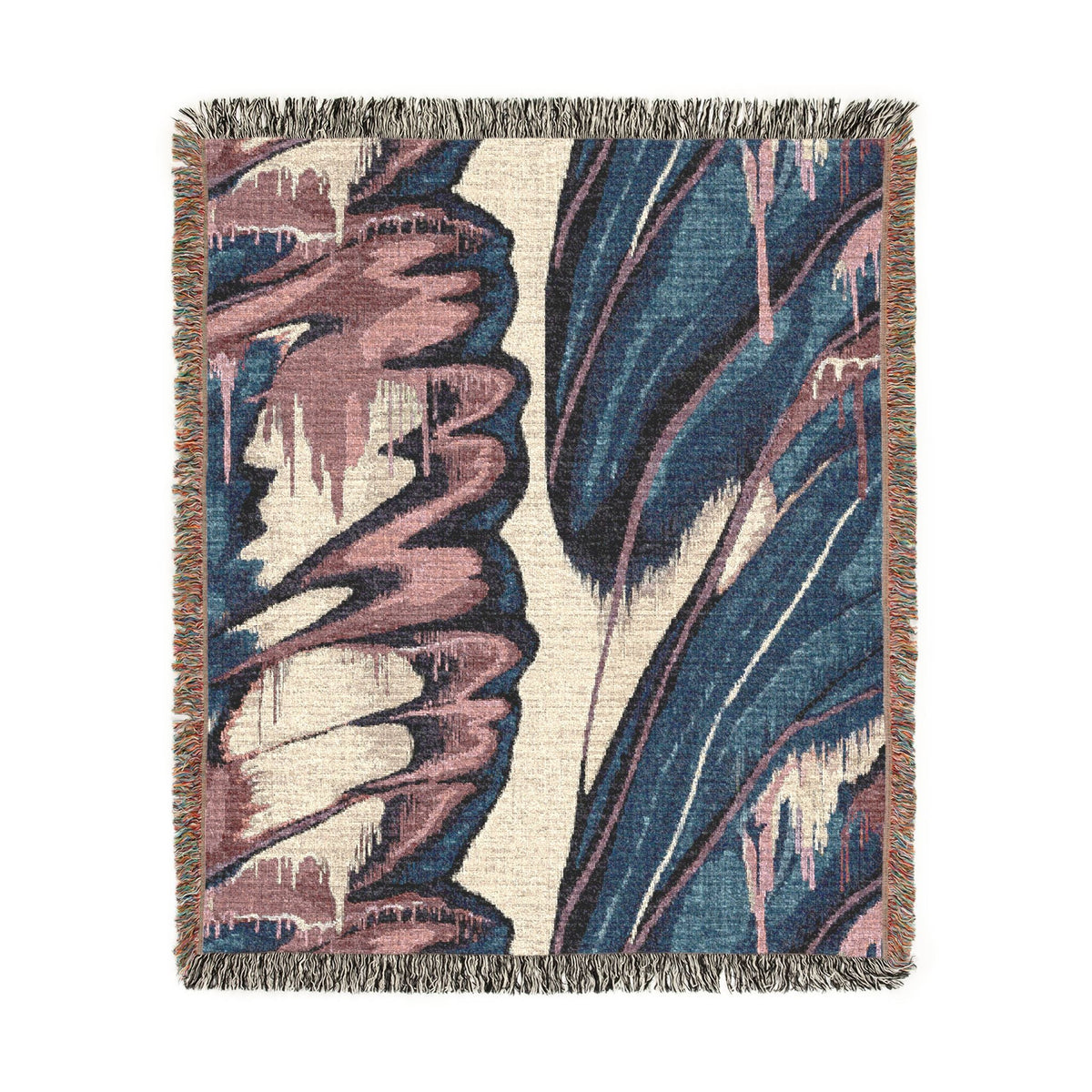 A square woven throw blanket with fringed edges, featuring an abstract botanical pattern in navy blue, dusty pink, and cream.