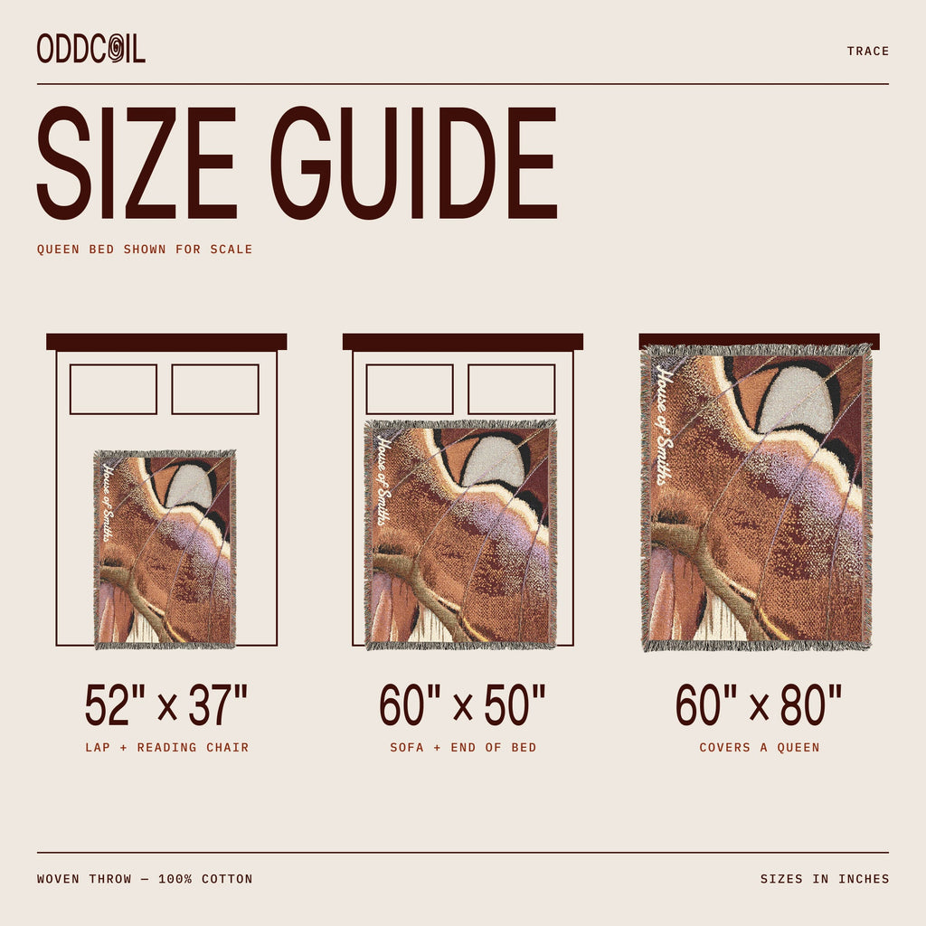 A size guide infographic for an ODDCOIL woven throw blanket, showing three bed configurations (laptop chair, sofa/end of bed, and queen cover) with dimensions 52"x37", 60"x50", and 60"x80" on a beige background.