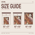 A size guide infographic for an ODDCOIL woven throw blanket, showing three bed configurations (laptop chair, sofa/end of bed, and queen cover) with dimensions 52"x37", 60"x50", and 60"x80" on a beige background.